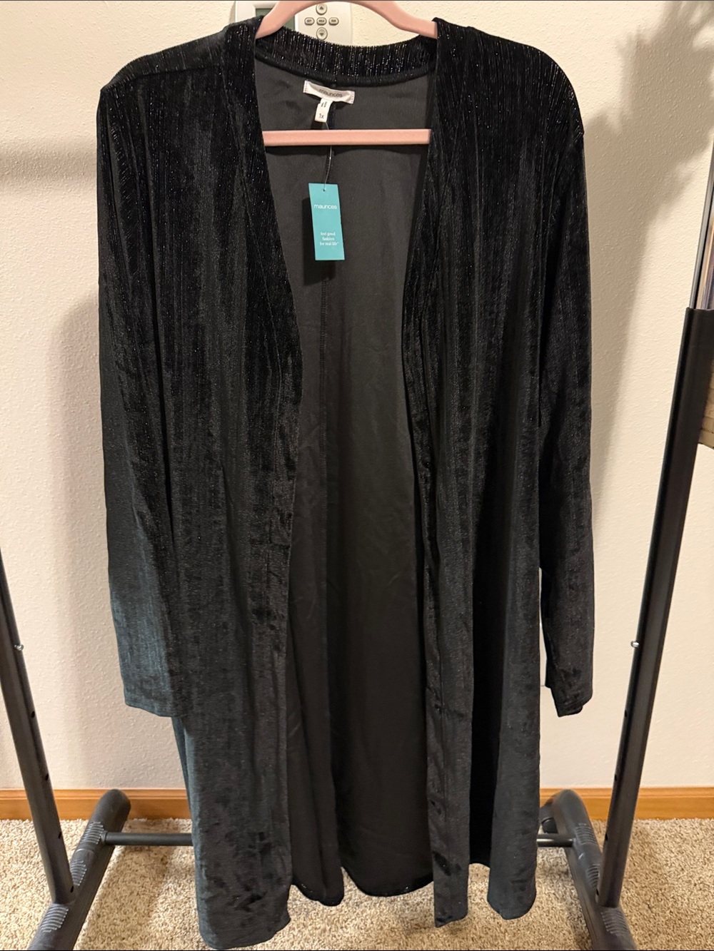 NWT Maurices 1X Black Velvet Open-Front Long Cardigan